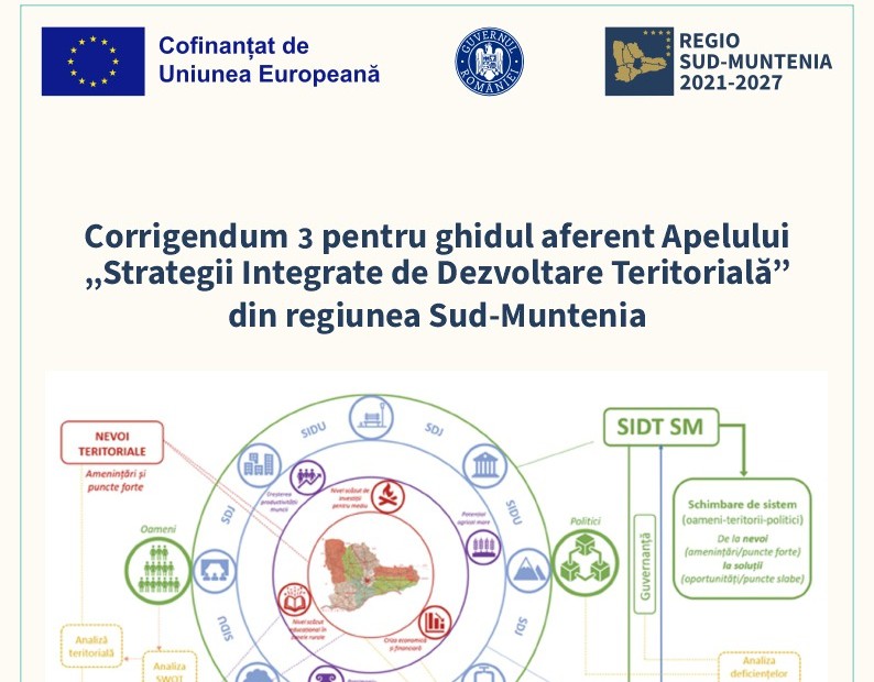 Corrigendum 3 pentru ghidul aferent Apelului „Strategii Integrate de Dezvoltare Teritorială”,  din regiunea Sud-Muntenia